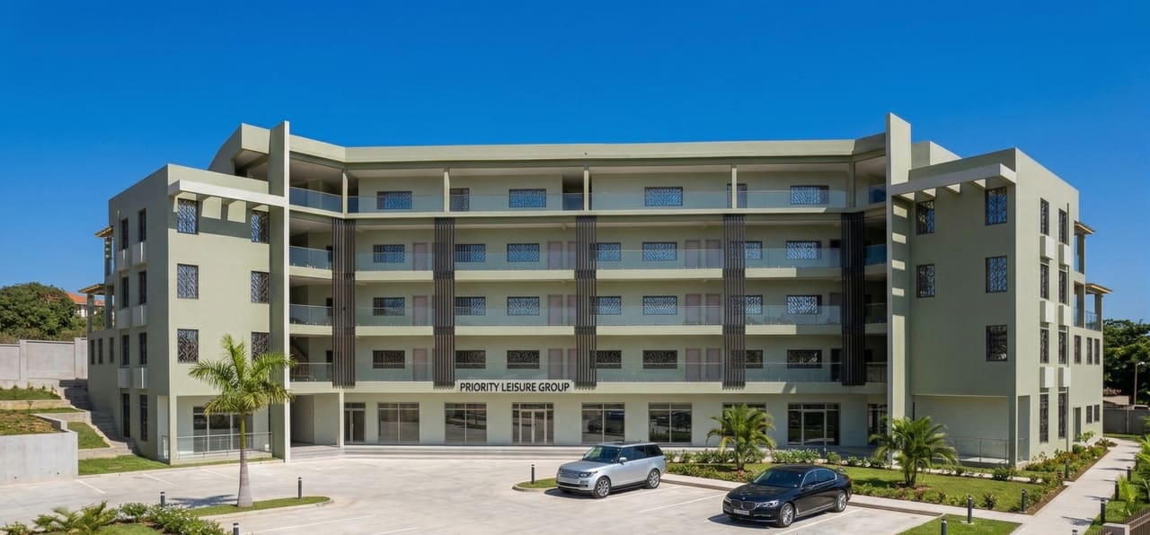 Five-storey Priority Leisure Group building in Bijilo with banded balconies and surfaced parking